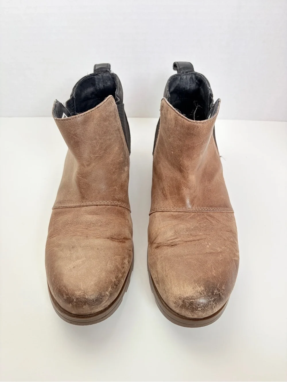 Sorel Emelie Chelsea Boots Waterproof Pull On Leather Suede Tan Black Size 8.5